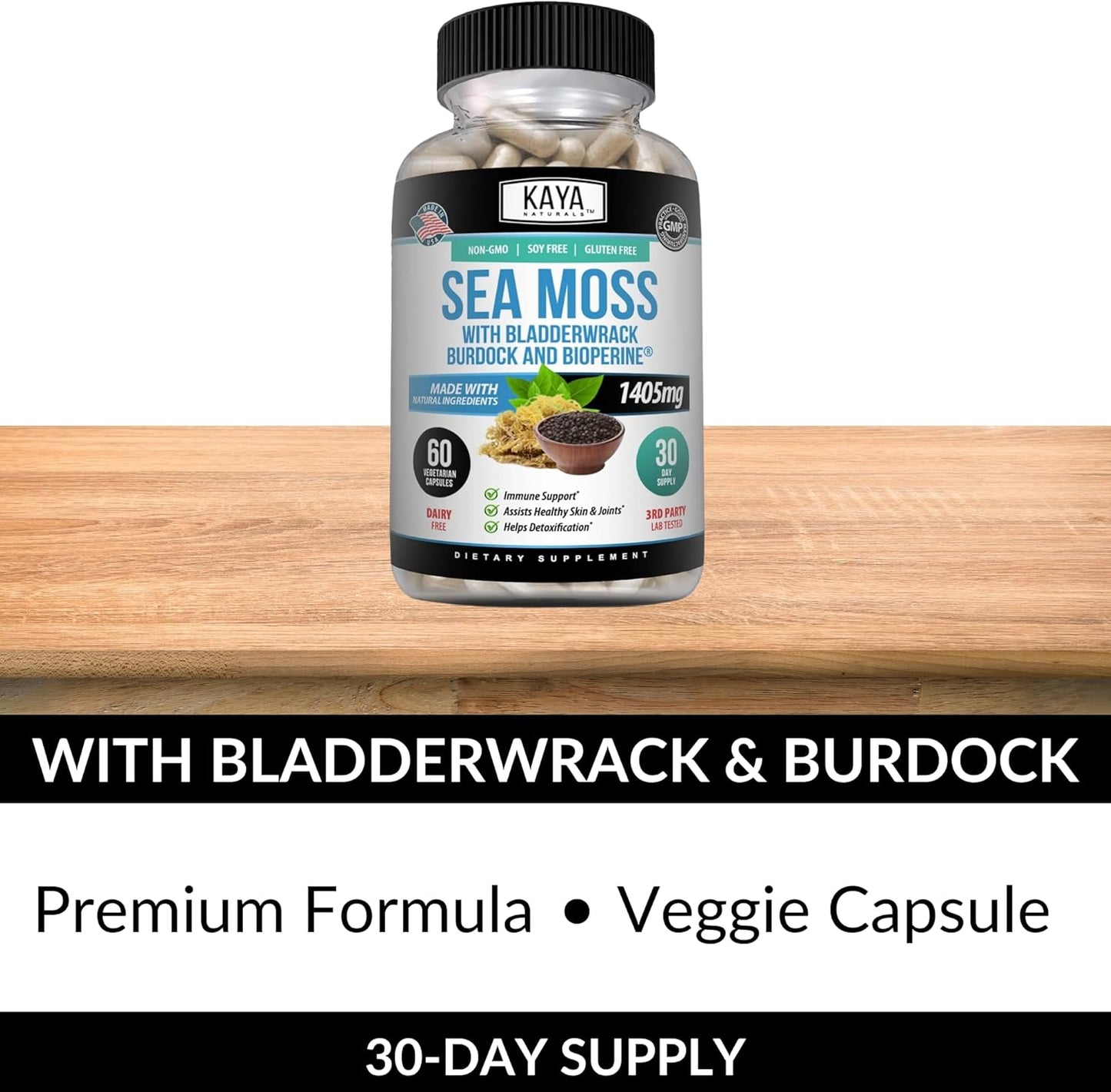 Organic Sea Moss Mobility Supplement with Burdock Root and Bladderwrack - Immune Boost for Men and Women - 60 Capsules