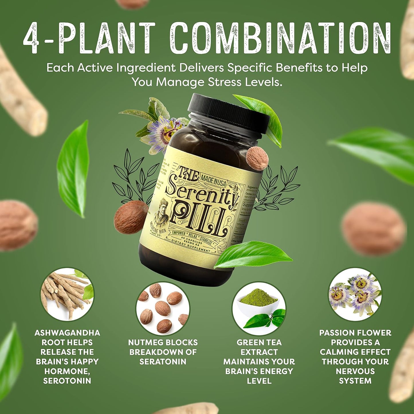 Organic Serenity Pill with Ashwagandha & Passion Flower Extract - 60 Caps Anti-Stress Supplement - Natural Mood Booster with Nutmeg & Green Tea