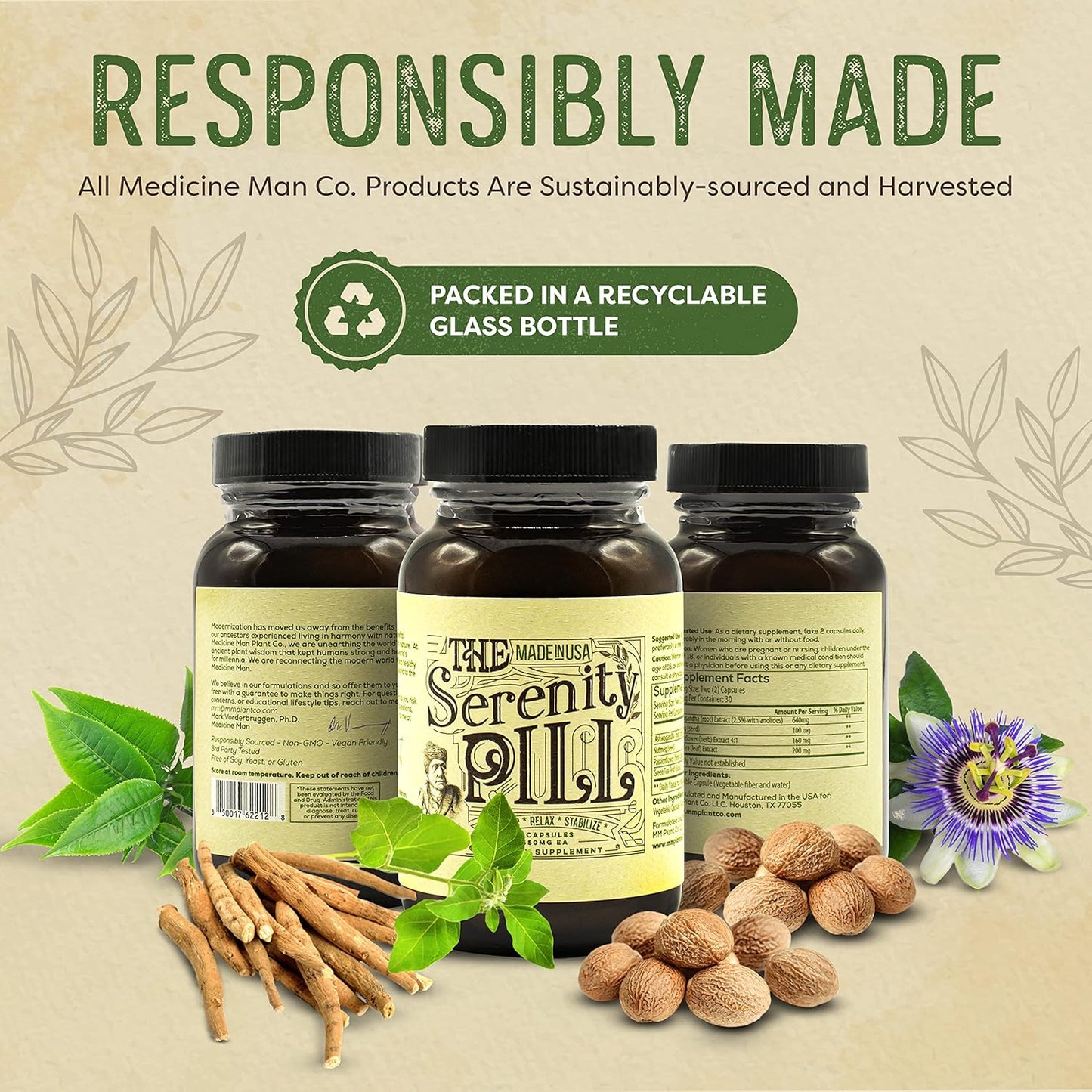 Organic Serenity Pill with Ashwagandha & Passion Flower Extract - 60 Caps Anti-Stress Supplement - Natural Mood Booster with Nutmeg & Green Tea