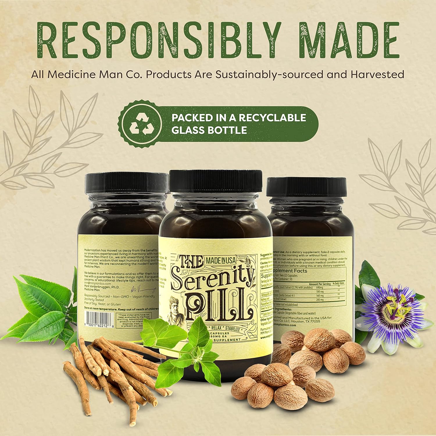 Organic Serenity Pill with Ashwagandha & Passion Flower Extract - 60 Caps Anti-Stress Supplement - Natural Mood Booster with Nutmeg & Green Tea