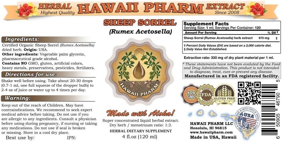 Organic Sheep Sorrel Liquid Extract - Herbal Supplement Tincture by Hawaii Pharm - 2 fl.oz - Made in USA