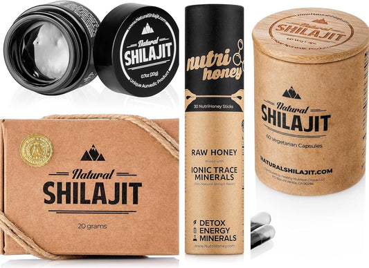 Organic Shilajit Resin 20g, Shilajit Honey Sticks 30 Count, Capsules 60 Count - Pure Himalayan Supplement Pack