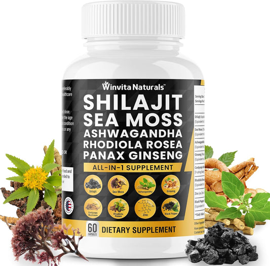 Organic Shilajit Sea Moss Capsules with Ashwagandha, Ginseng, Cordyceps, and Rhodiola Rosea - 10,000mg Blend with Zinc and Trace Minerals - USA Made