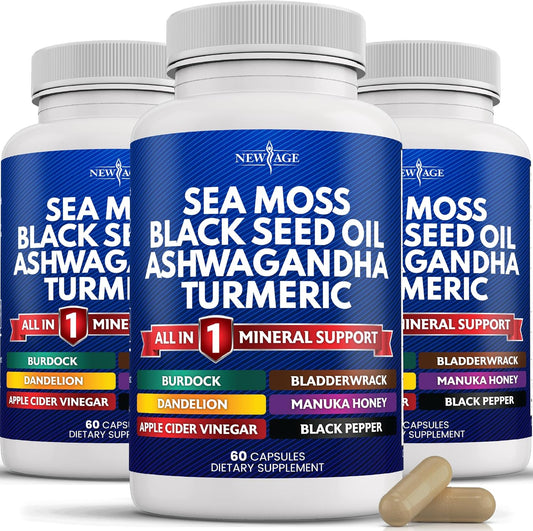 Organic Silica Sea Moss, Black Seed Oil, Ashwagandha, Turmeric, Bladderwrack, and Burdock Supplement with Manuka Honey, Dandelion, Apple Cider Vinegar, Black Pepper - Gluten Free