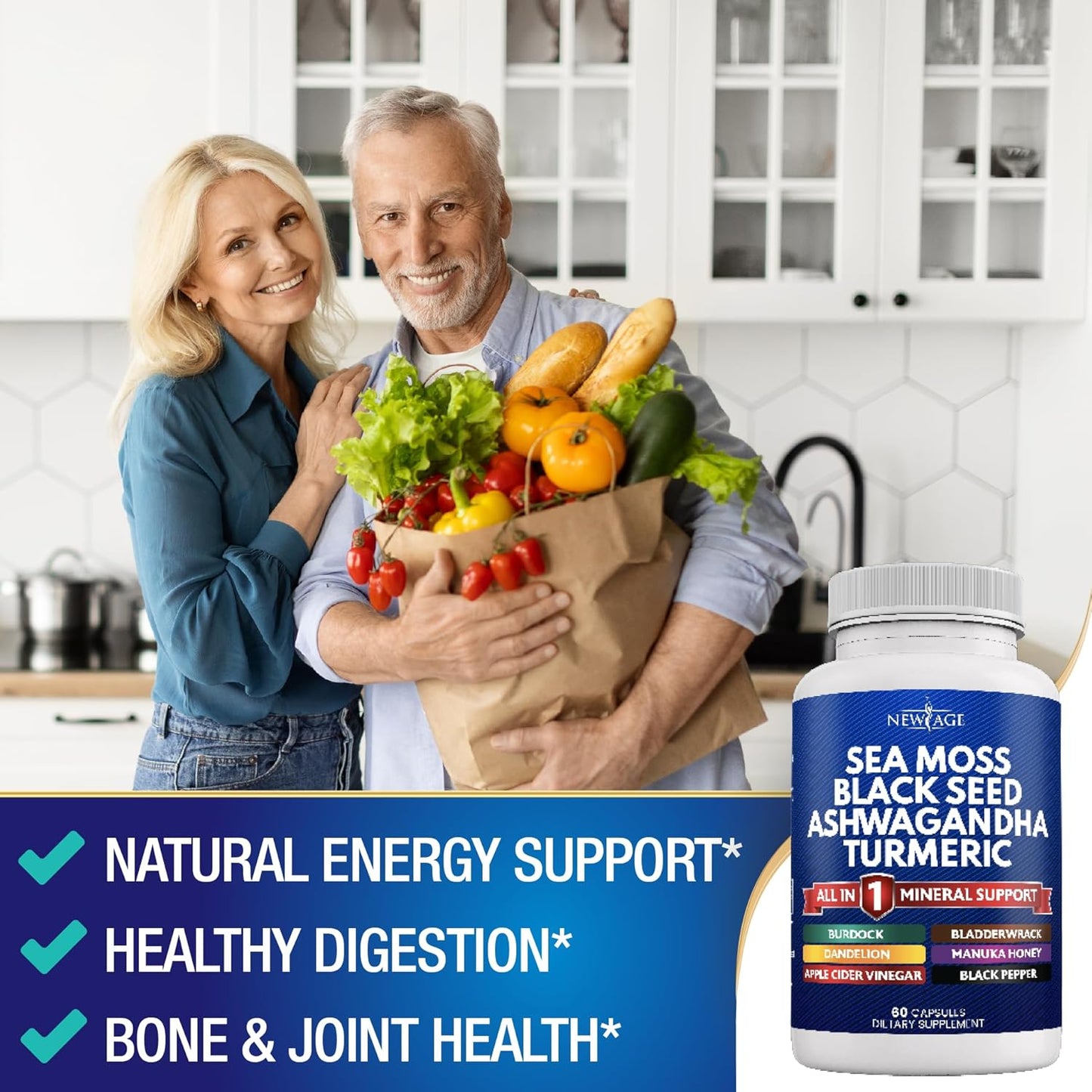 Organic Silica Sea Moss, Black Seed Oil, Ashwagandha, Turmeric, Bladderwrack, and Burdock Supplement with Manuka Honey, Dandelion, Apple Cider Vinegar, Black Pepper - Gluten Free