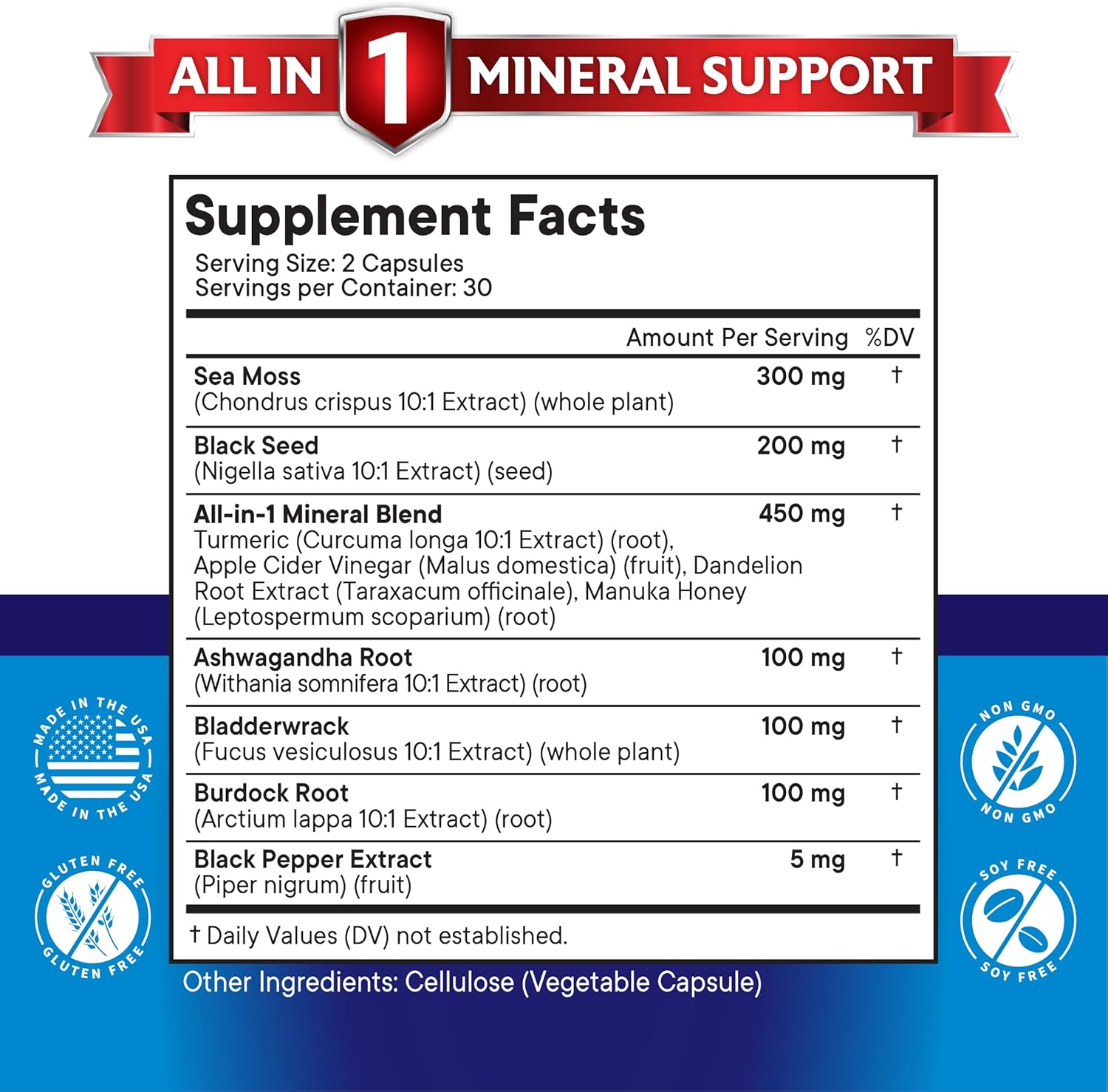 Organic Silica Sea Moss, Black Seed Oil, Ashwagandha, Turmeric, Bladderwrack, and Burdock Supplement with Manuka Honey, Dandelion, Apple Cider Vinegar, Black Pepper - Gluten Free