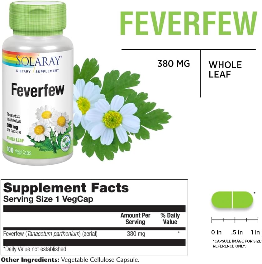 Organic Solaray Feverfew Leaf Capsules 380mg | Promotes Healthy Circulation, Blood Vessel Tone, and Comfort | Non-GMO & Vegan | 100 Count