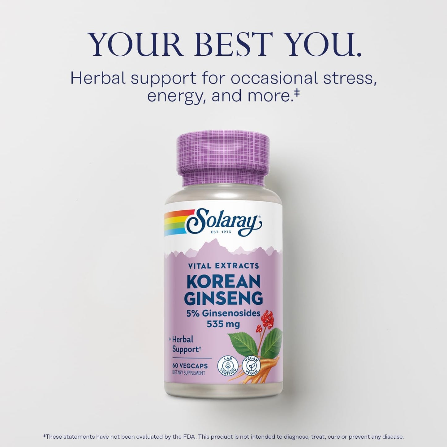 Organic Solaray Korean Ginseng Root Extract Capsules - Natural Energy and Stress Support - 5% Ginsenosides - Vegan Formula - 60 Servings