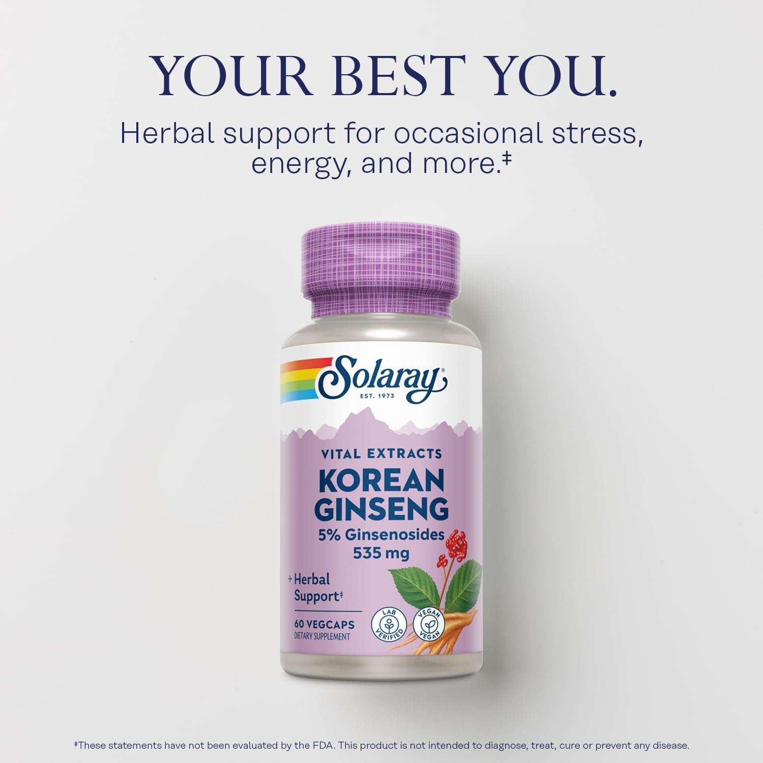 Organic Solaray Korean Ginseng Root Extract Capsules - Natural Energy and Stress Support - 5% Ginsenosides - Vegan Formula - 60 Servings