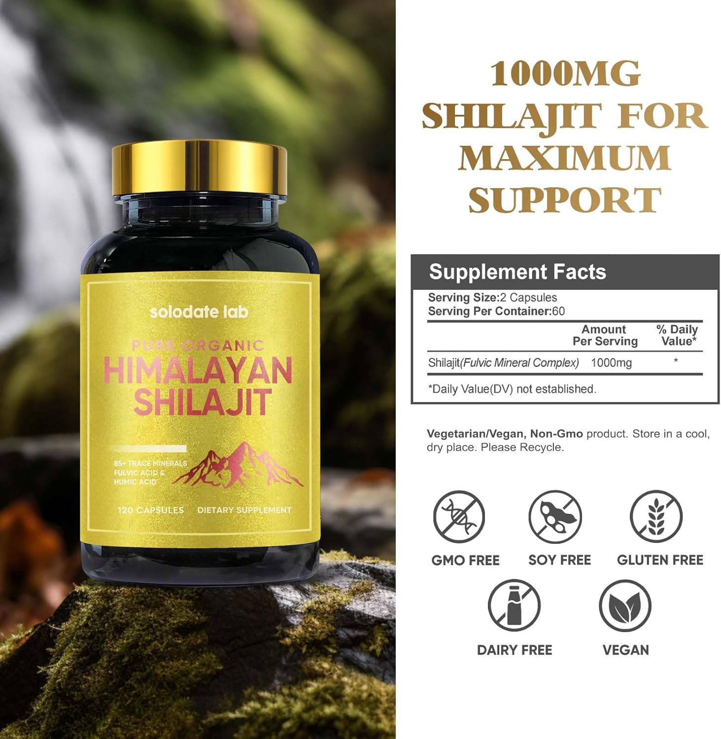 Organic Solodate Lab Shilajit Capsules with 85+ Trace Minerals for Energy and Immune Support for Men and Women