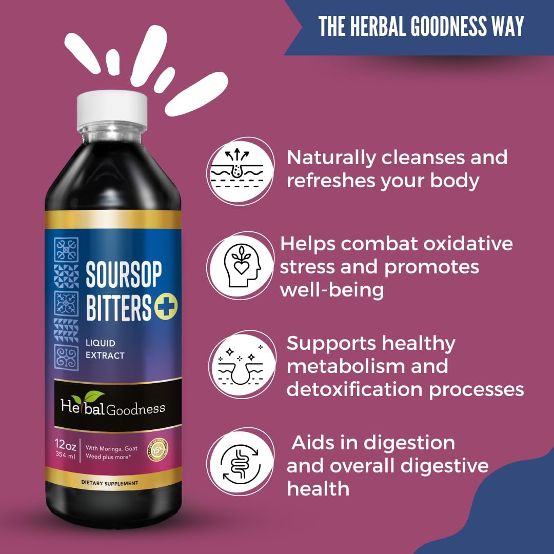 Organic Soursop Bitters Liquid 12oz - Herbal Goodness Juice with Vitamins, Supports Colon Cleanse & Digestion