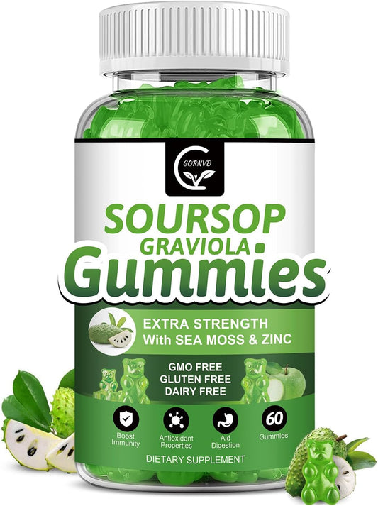 Organic Soursop Graviola Gummies - 2200mg Extra Strength with Sea Moss Extract, Zinc, Vitamin C - Immunity & Antioxidant Support, Gluten Free, Vegan - 60 Gummies