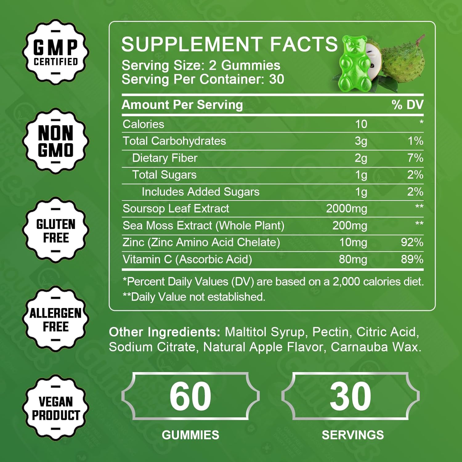 Organic Soursop Graviola Gummies - 2200mg Extra Strength with Sea Moss Extract, Zinc, Vitamin C - Immunity & Antioxidant Support, Gluten Free, Vegan - 60 Gummies