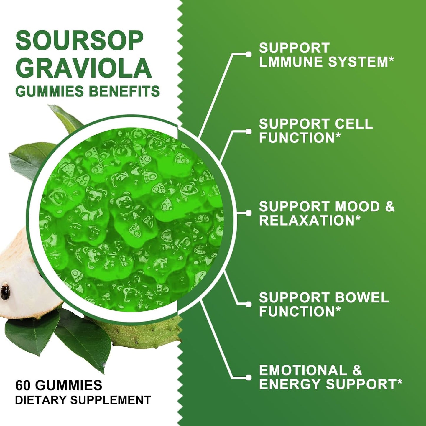 Organic Soursop Graviola Gummies - 2200mg Extra Strength with Sea Moss Extract, Zinc, Vitamin C - Immunity & Antioxidant Support, Gluten Free, Vegan - 60 Gummies