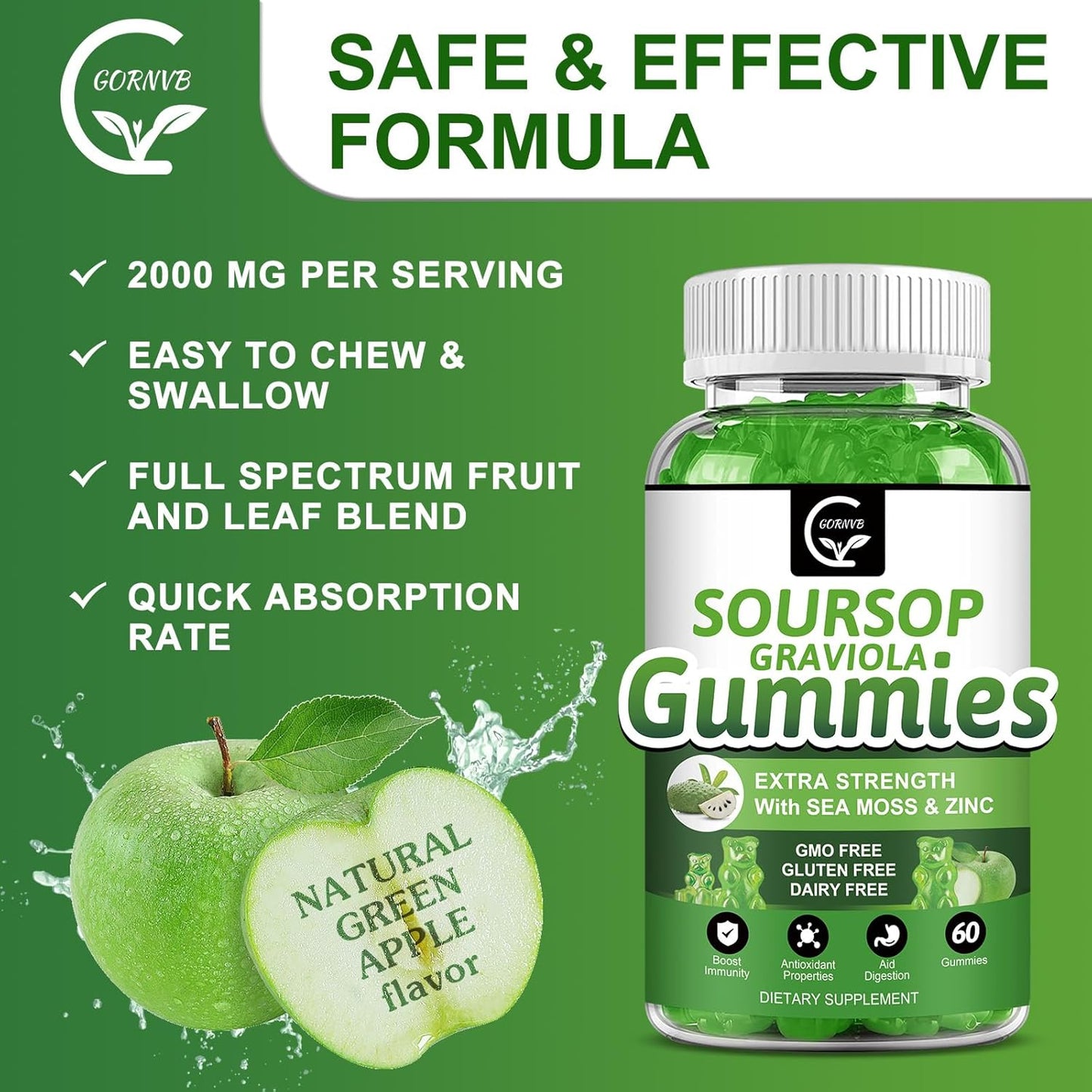 Organic Soursop Graviola Gummies - 2200mg Extra Strength with Sea Moss Extract, Zinc, Vitamin C - Immunity & Antioxidant Support, Gluten Free, Vegan - 60 Gummies