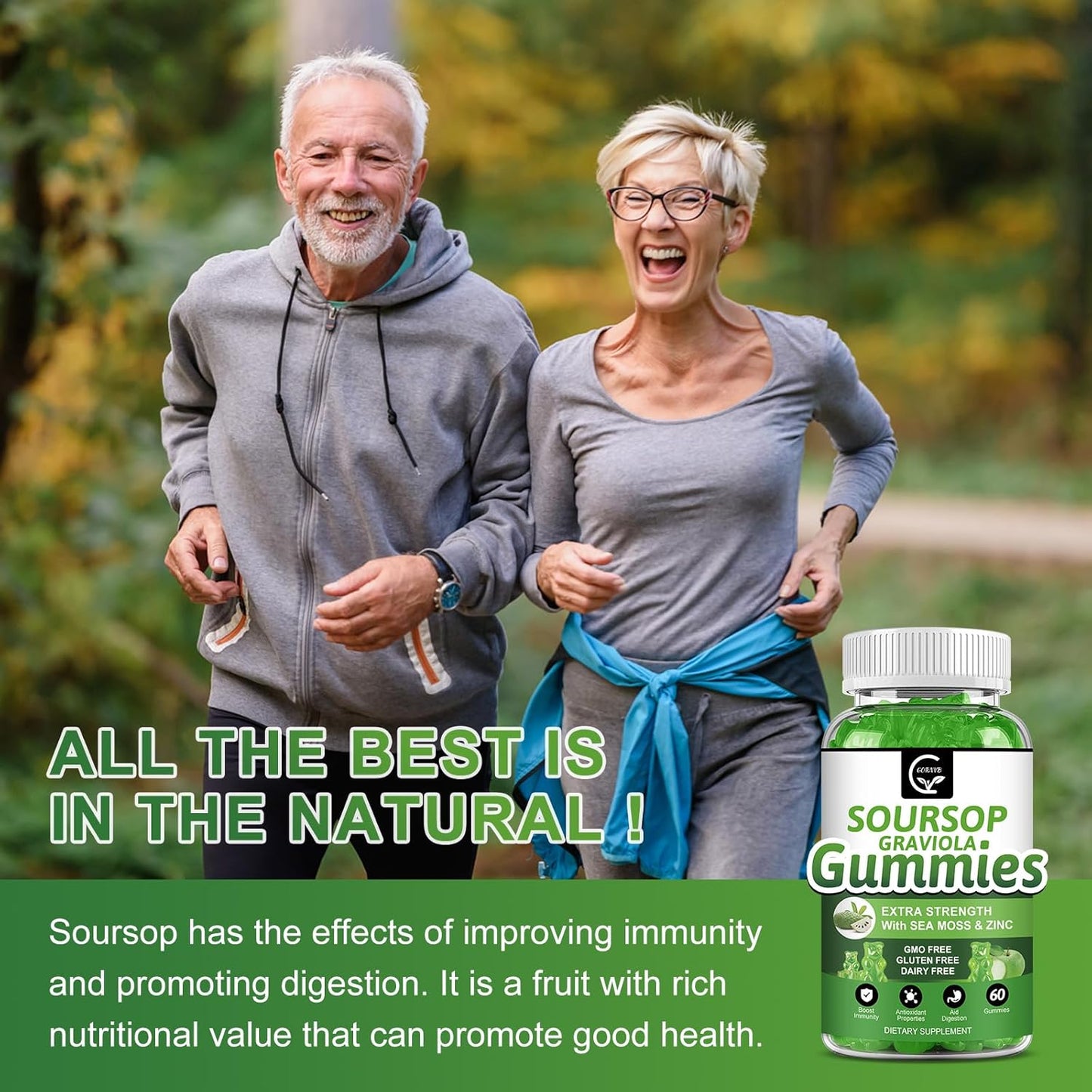 Organic Soursop Graviola Gummies - 2200mg Extra Strength with Sea Moss Extract, Zinc, Vitamin C - Immunity & Antioxidant Support, Gluten Free, Vegan - 60 Gummies