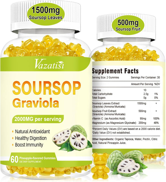 Organic Soursop Graviola Gummies 2 Pack - Cell Support & Immune Boost - Pineapple Flavor - Sugar Free & Vegan