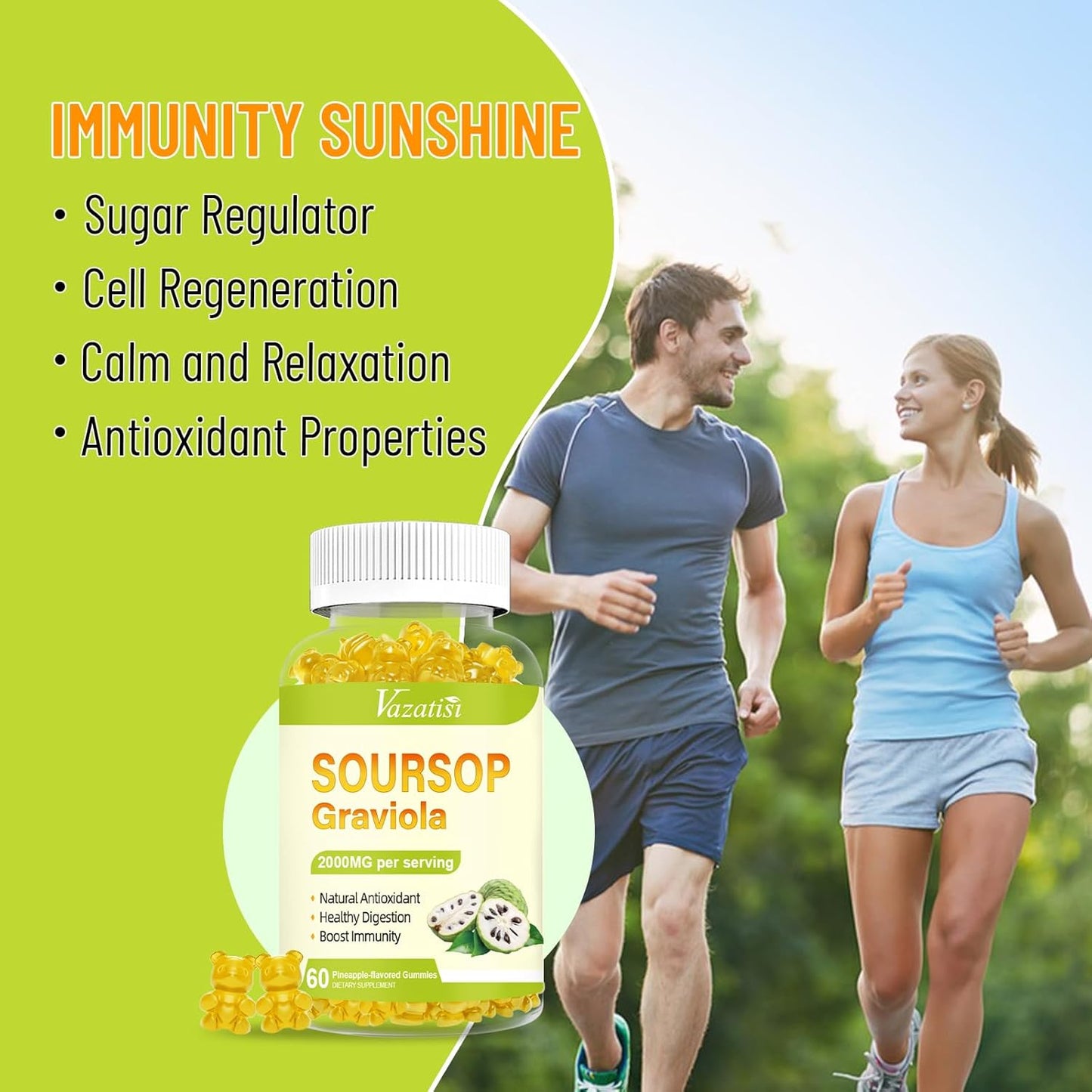 Organic Soursop Graviola Gummies 2 Pack - Cell Support & Immune Boost - Pineapple Flavor - Sugar Free & Vegan