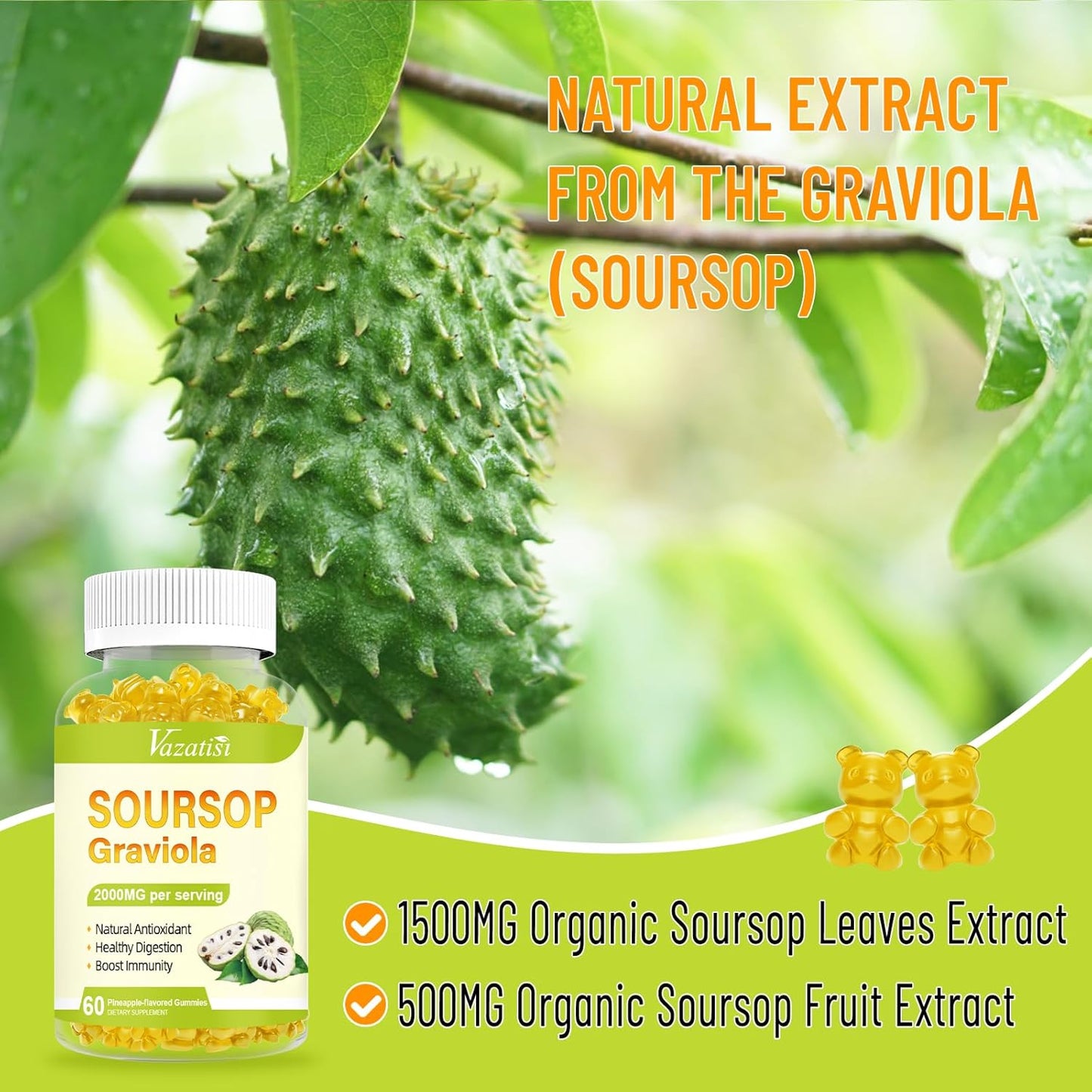 Organic Soursop Graviola Gummies 2 Pack - Cell Support & Immune Boost - Pineapple Flavor - Sugar Free & Vegan