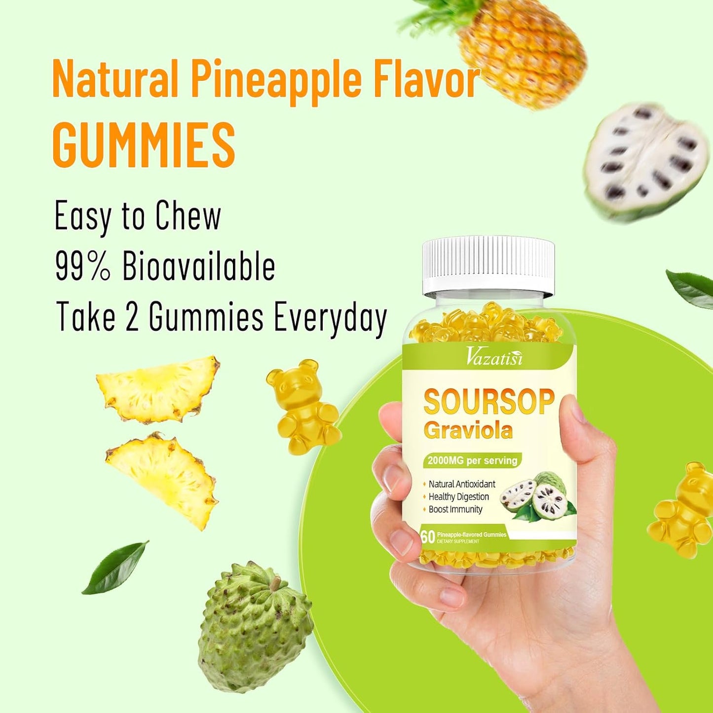 Organic Soursop Graviola Gummies 2 Pack - Cell Support & Immune Boost - Pineapple Flavor - Sugar Free & Vegan