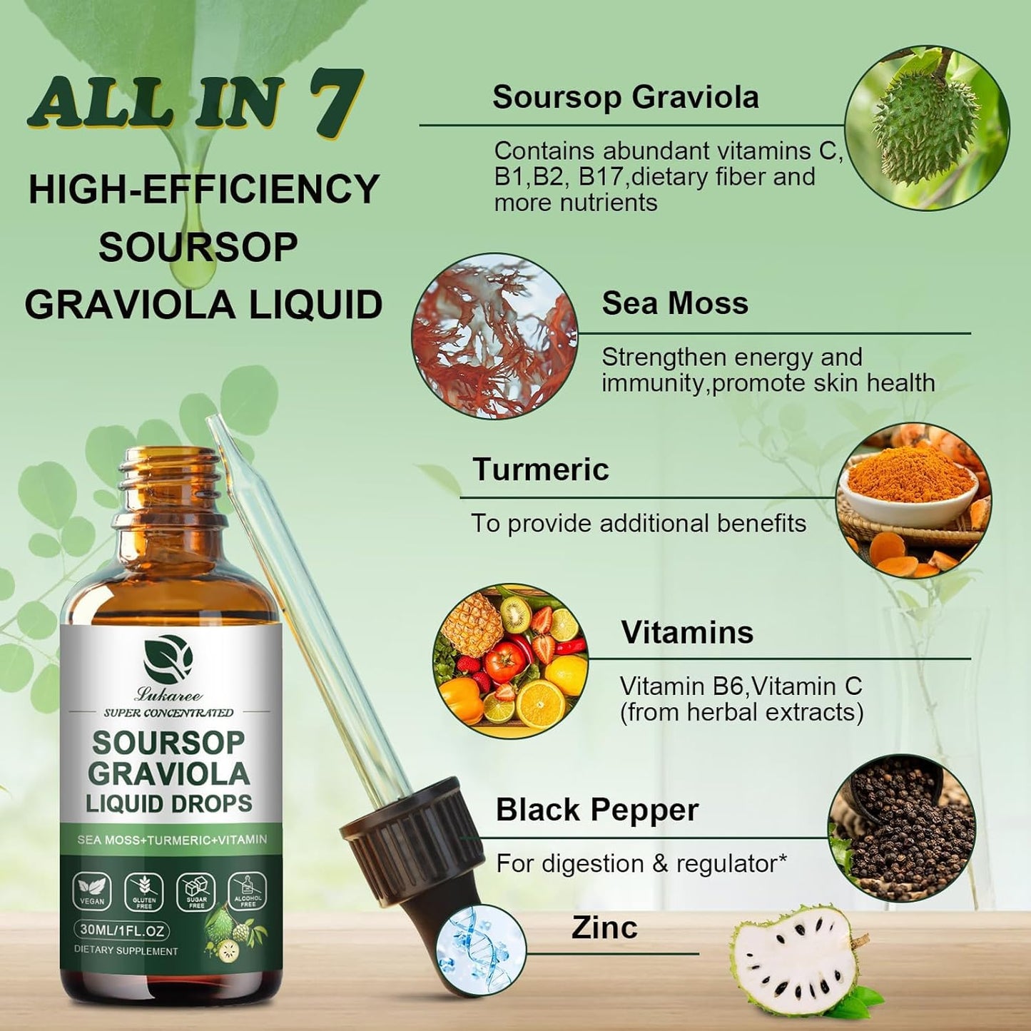 Organic Soursop Graviola Leaf Extract Drop with Sea Moss for Immunity & Antioxidant Support - 1 Fl Oz Liquid Supplement