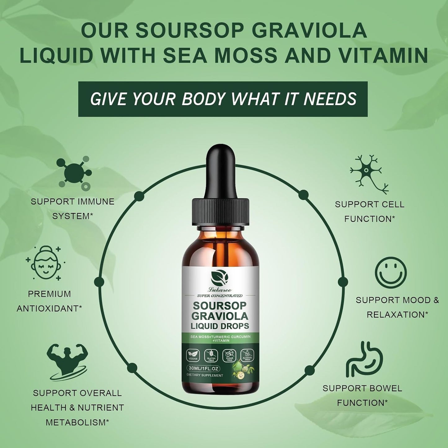 Organic Soursop Graviola Leaf Extract Drop with Sea Moss for Immunity & Antioxidant Support - 1 Fl Oz Liquid Supplement