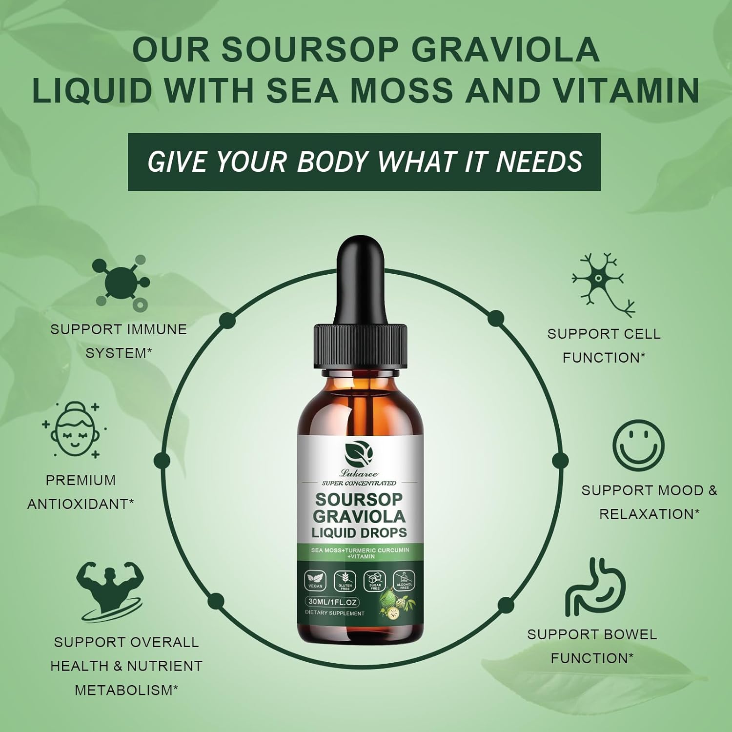 Organic Soursop Graviola Leaf Extract Drop with Sea Moss for Immunity & Antioxidant Support - 1 Fl Oz Liquid Supplement