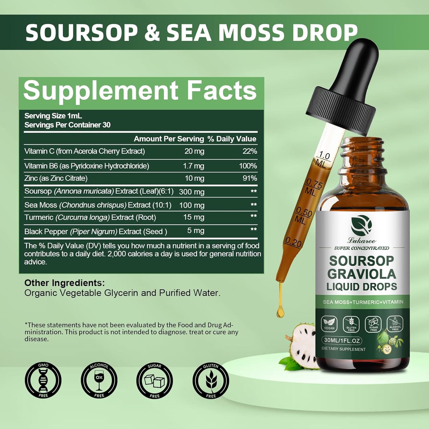 Organic Soursop Graviola Leaf Extract Drop with Sea Moss for Immunity & Antioxidant Support - 1 Fl Oz Liquid Supplement