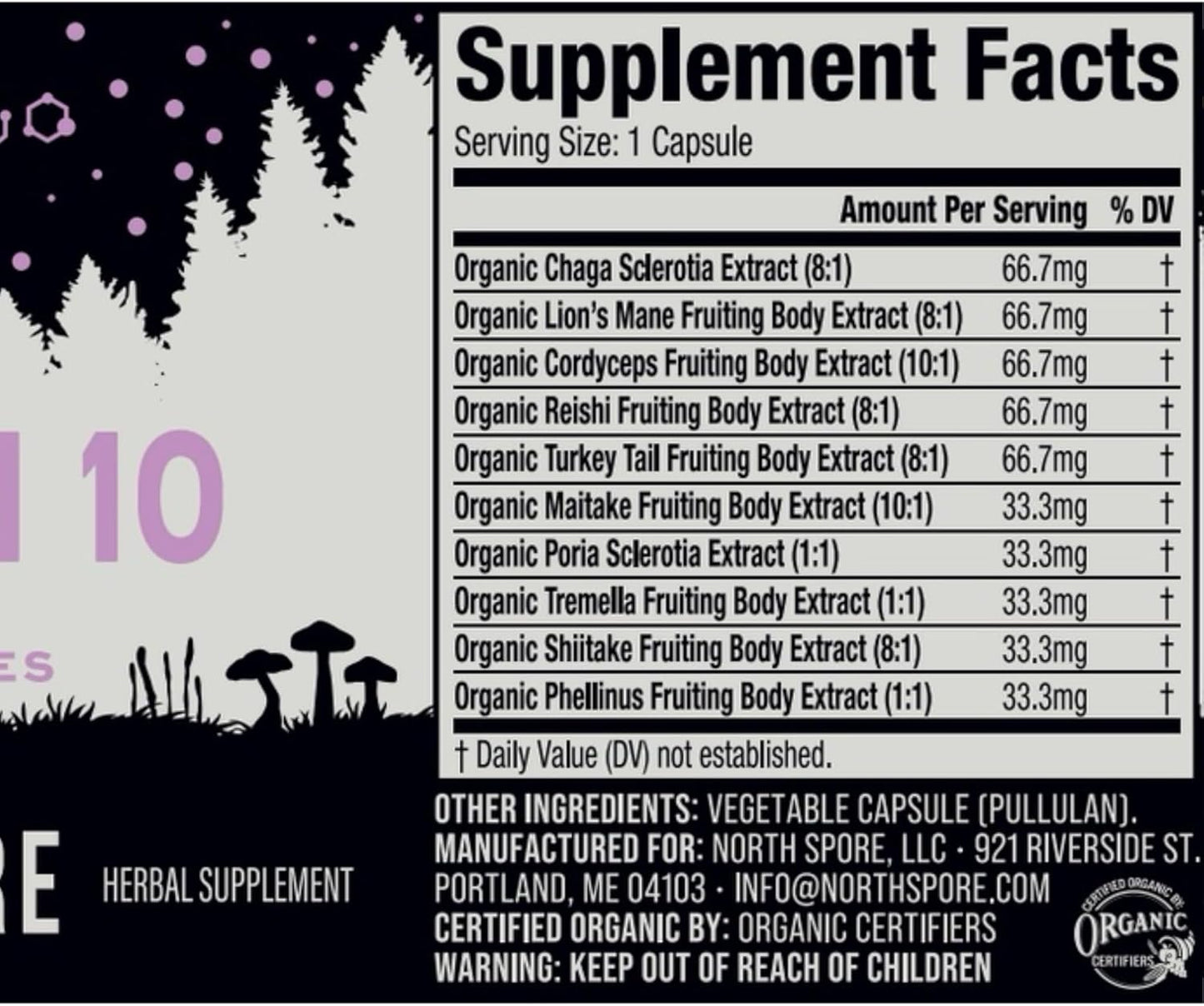 Organic 'Spectrum 10' Mushroom Capsules | Cognitive Supplement with 10 Medicinal Mushrooms | Energy, Focus, Clarity - 60ct