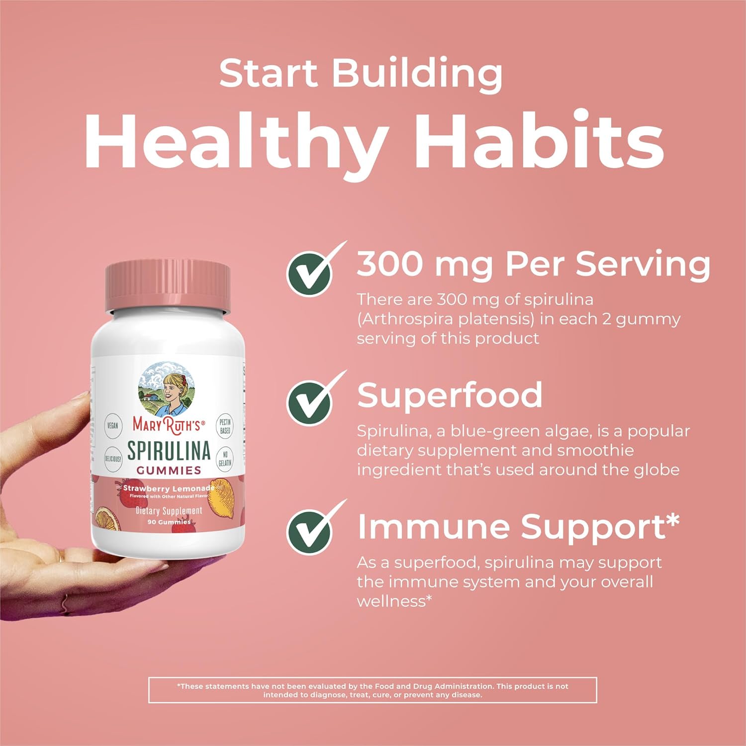 Organic Spirulina Gummies for Ages 14+ | Vegan Superfood Gummies | Non-GMO | 90 Count