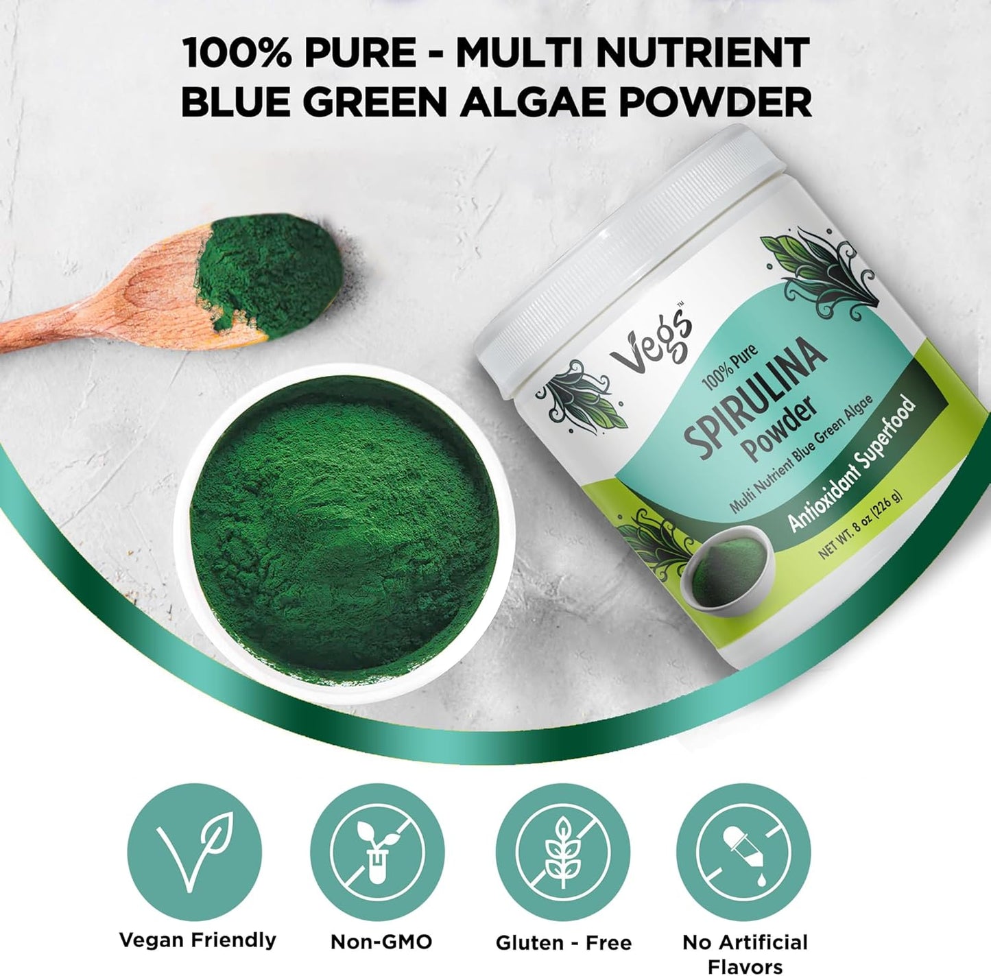 Organic Spirulina Powder - Plant-Based Superfood Blend with Antioxidants, Chlorophyll, Vitamins & Minerals - Energy & Immunity Support - Vegan, Non-GMO - 8 oz