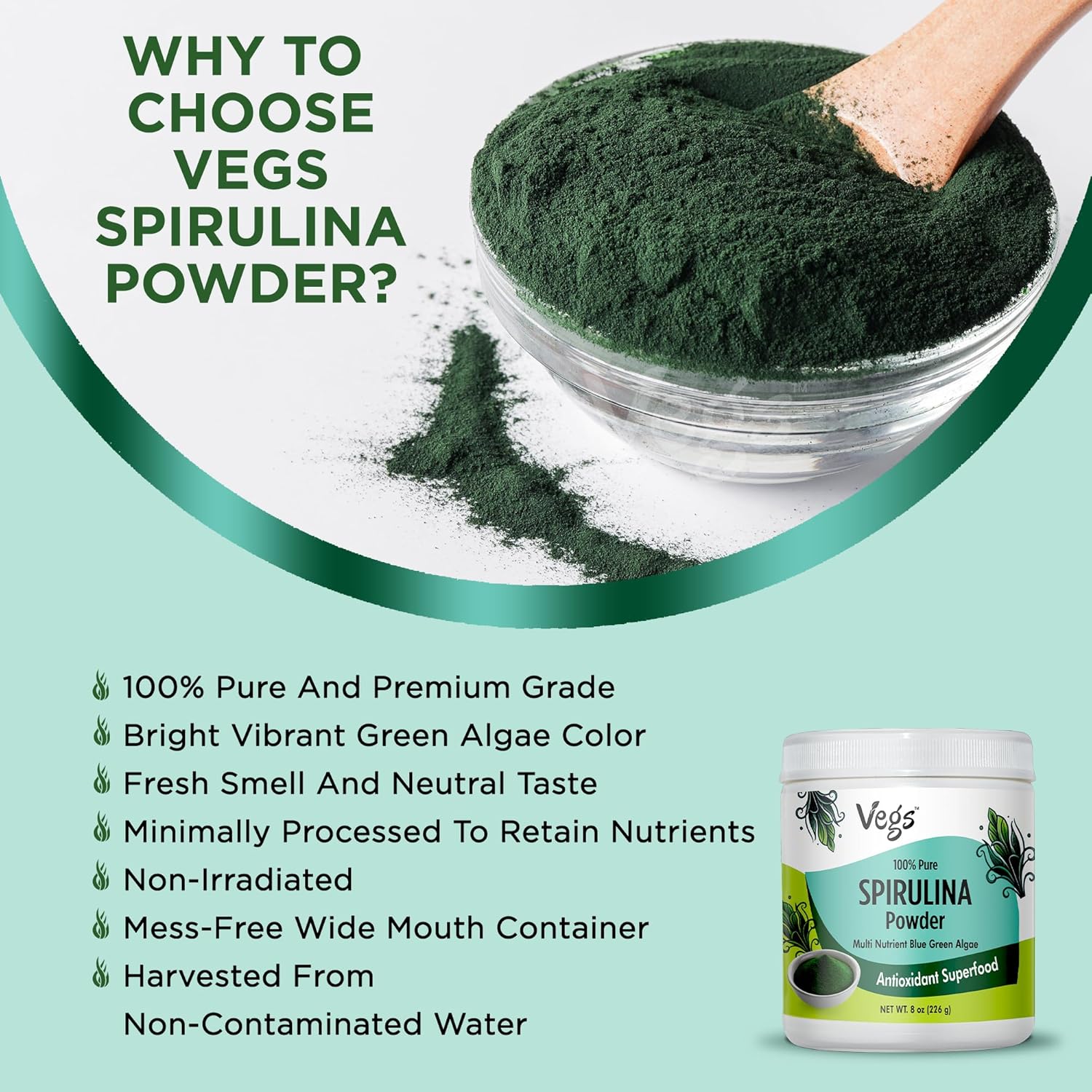 Organic Spirulina Powder - Plant-Based Superfood Blend with Antioxidants, Chlorophyll, Vitamins & Minerals - Energy & Immunity Support - Vegan, Non-GMO - 8 oz