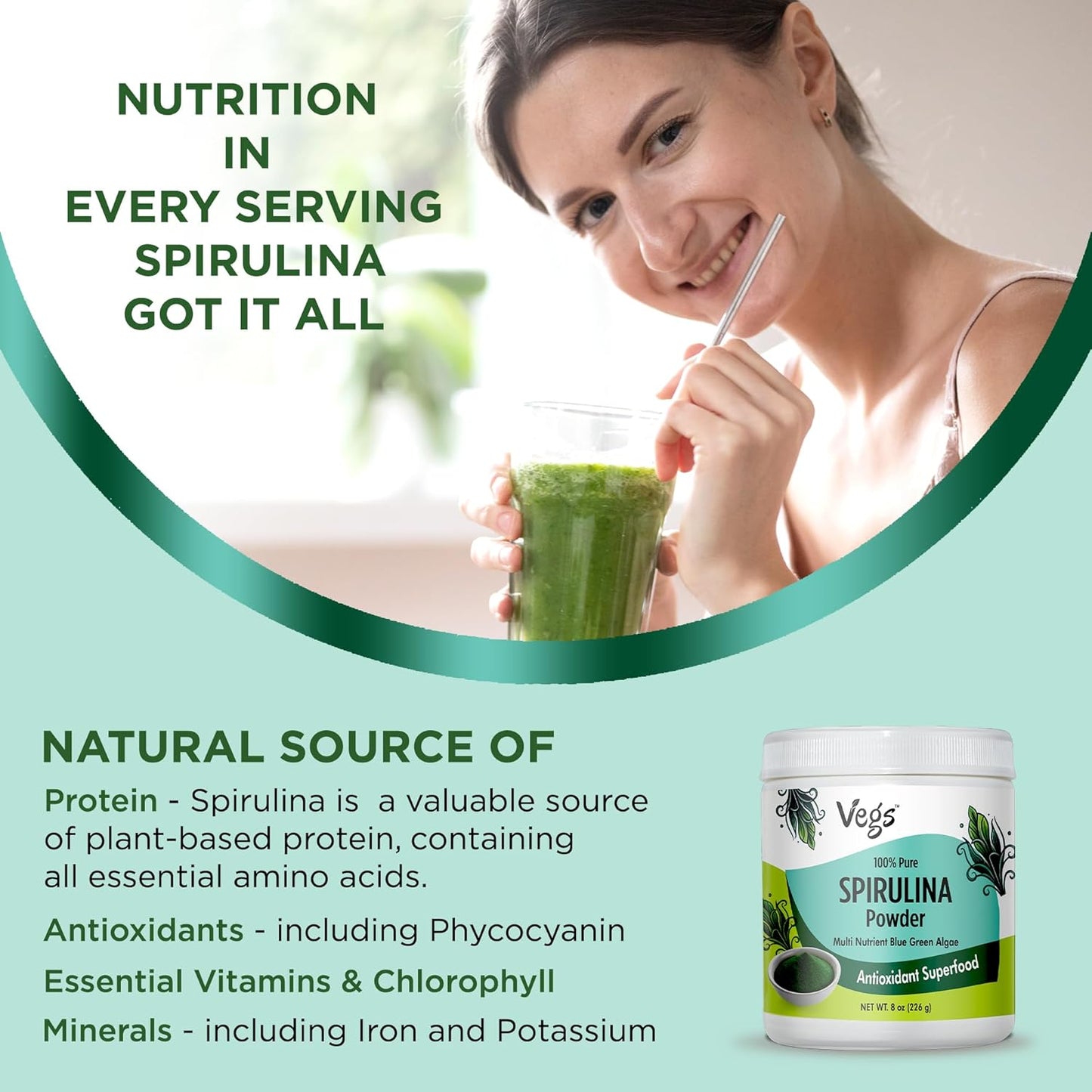 Organic Spirulina Powder - Plant-Based Superfood Blend with Antioxidants, Chlorophyll, Vitamins & Minerals - Energy & Immunity Support - Vegan, Non-GMO - 8 oz