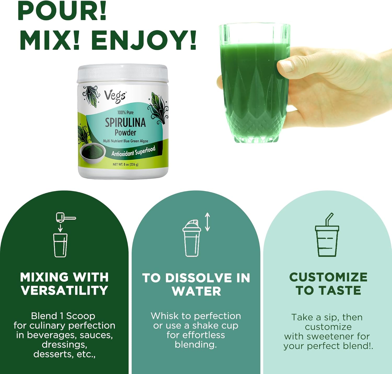 Organic Spirulina Powder - Plant-Based Superfood Blend with Antioxidants, Chlorophyll, Vitamins & Minerals - Energy & Immunity Support - Vegan, Non-GMO - 8 oz