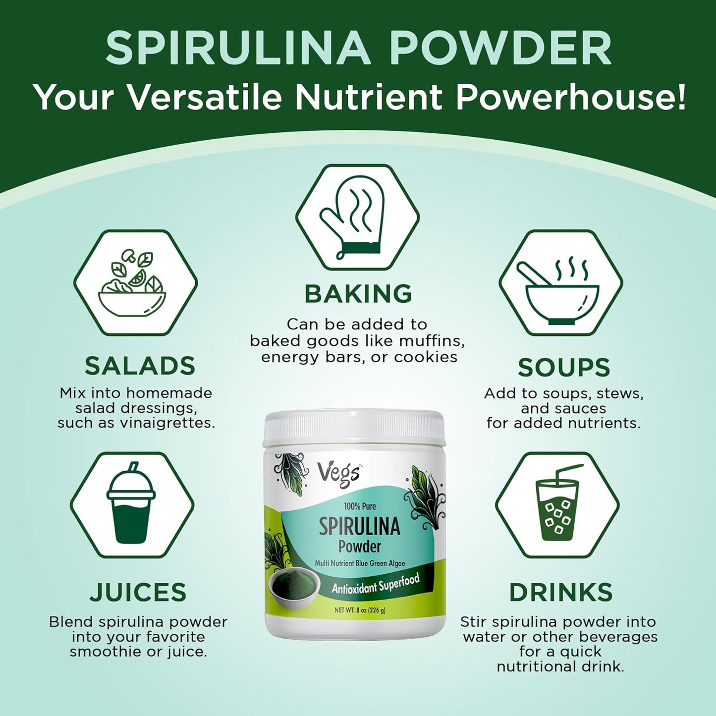 Organic Spirulina Powder - Plant-Based Superfood Blend with Antioxidants, Chlorophyll, Vitamins & Minerals - Energy & Immunity Support - Vegan, Non-GMO - 8 oz
