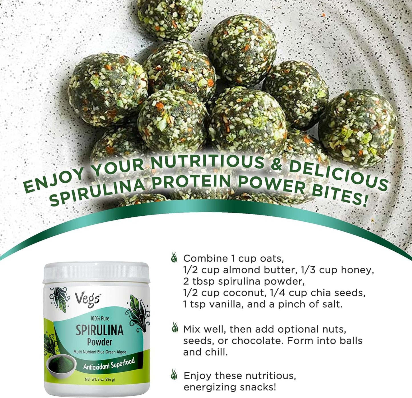 Organic Spirulina Powder - Plant-Based Superfood Blend with Antioxidants, Chlorophyll, Vitamins & Minerals - Energy & Immunity Support - Vegan, Non-GMO - 8 oz