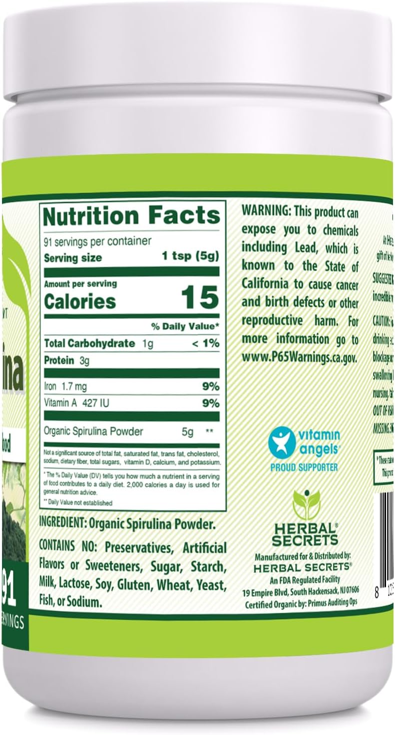 Organic Spirulina Powder 16 Oz - Non-GMO, Gluten Free, Made in USA - Herbal Secrets