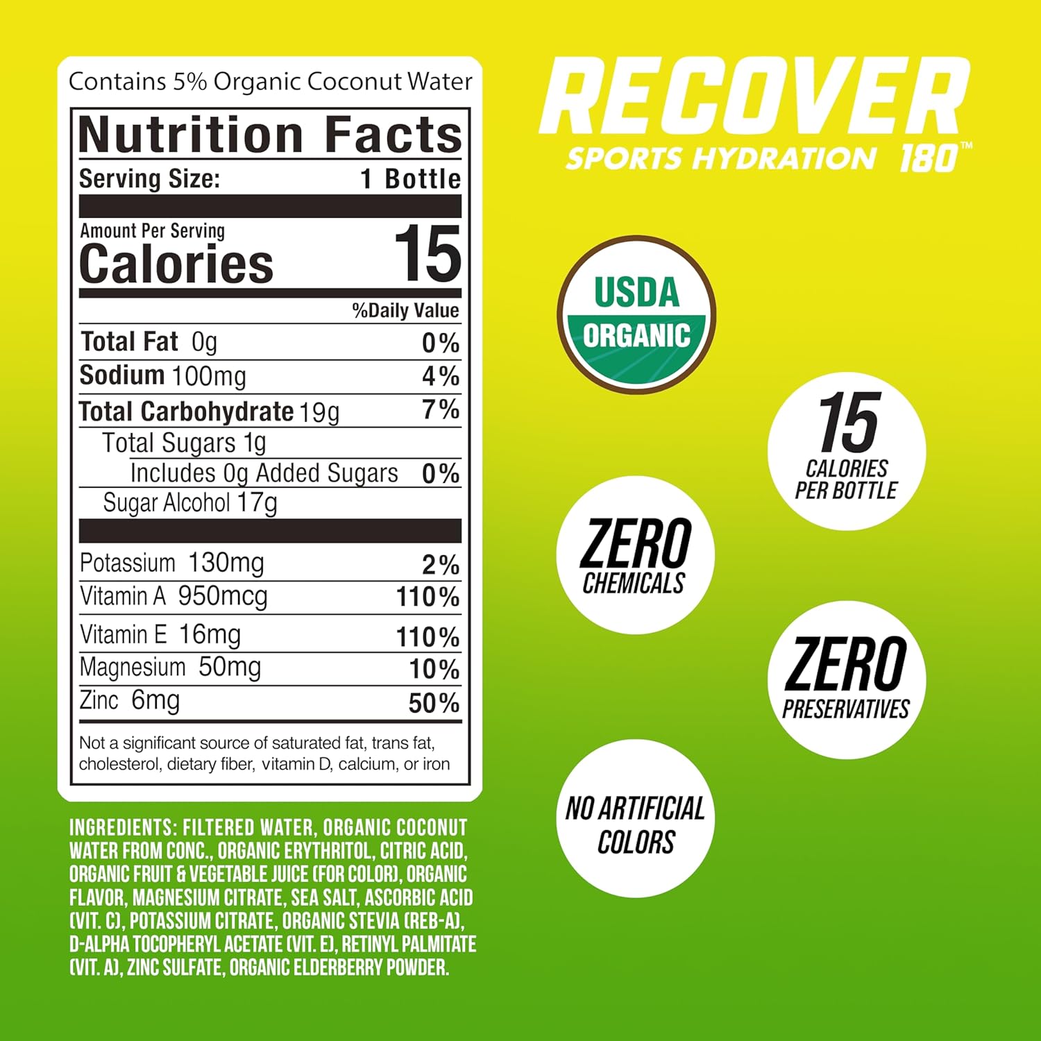 Organic Sports Hydration Drink with Electrolytes, Vitamins, No Added Sugar - 15 Calorie Beverage, Lemon Lime Flavor (16.9 Fl Oz, Pack of 12)