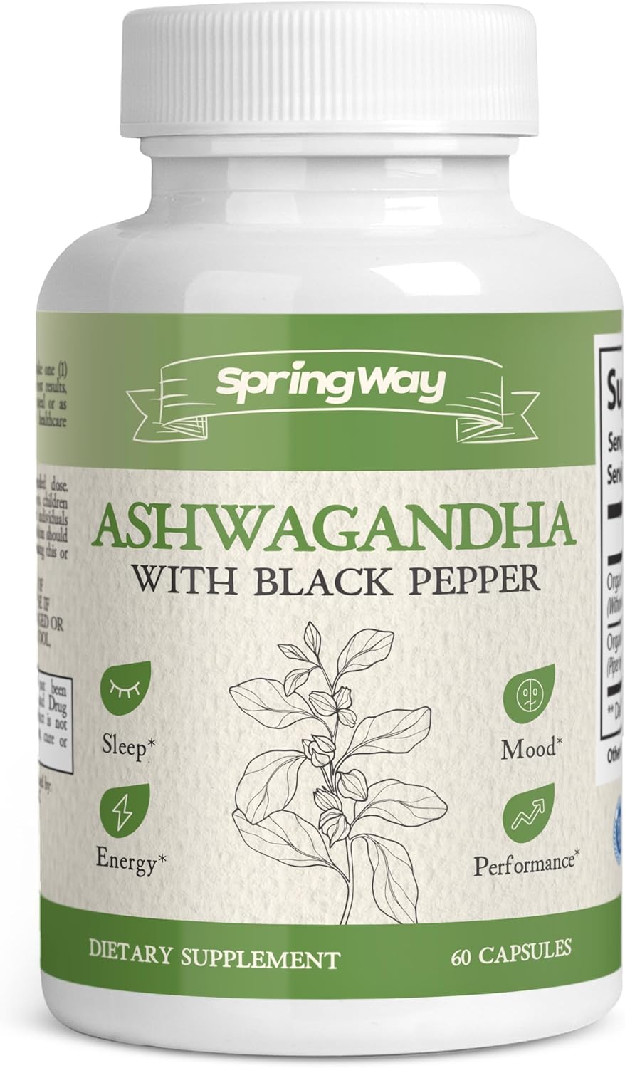 Organic Spring Way Ashwagandha Capsules with Black Pepper - 60 ct | Supports Relaxation, Energy, Immune Health | Non-GMO, Vegan, Gluten-Free