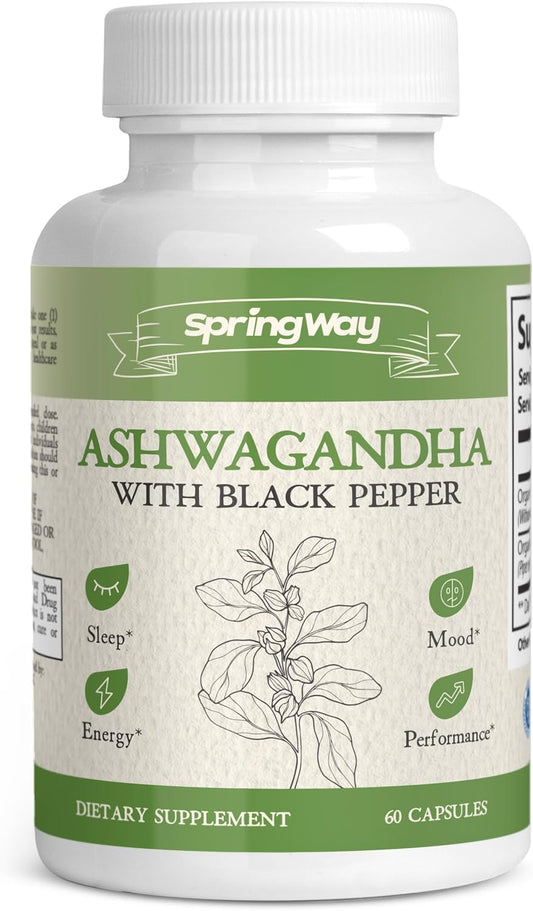 Organic Spring Way Ashwagandha Capsules with Black Pepper - 60 ct | Supports Relaxation, Energy, Immune Health | Non-GMO, Vegan, Gluten-Free