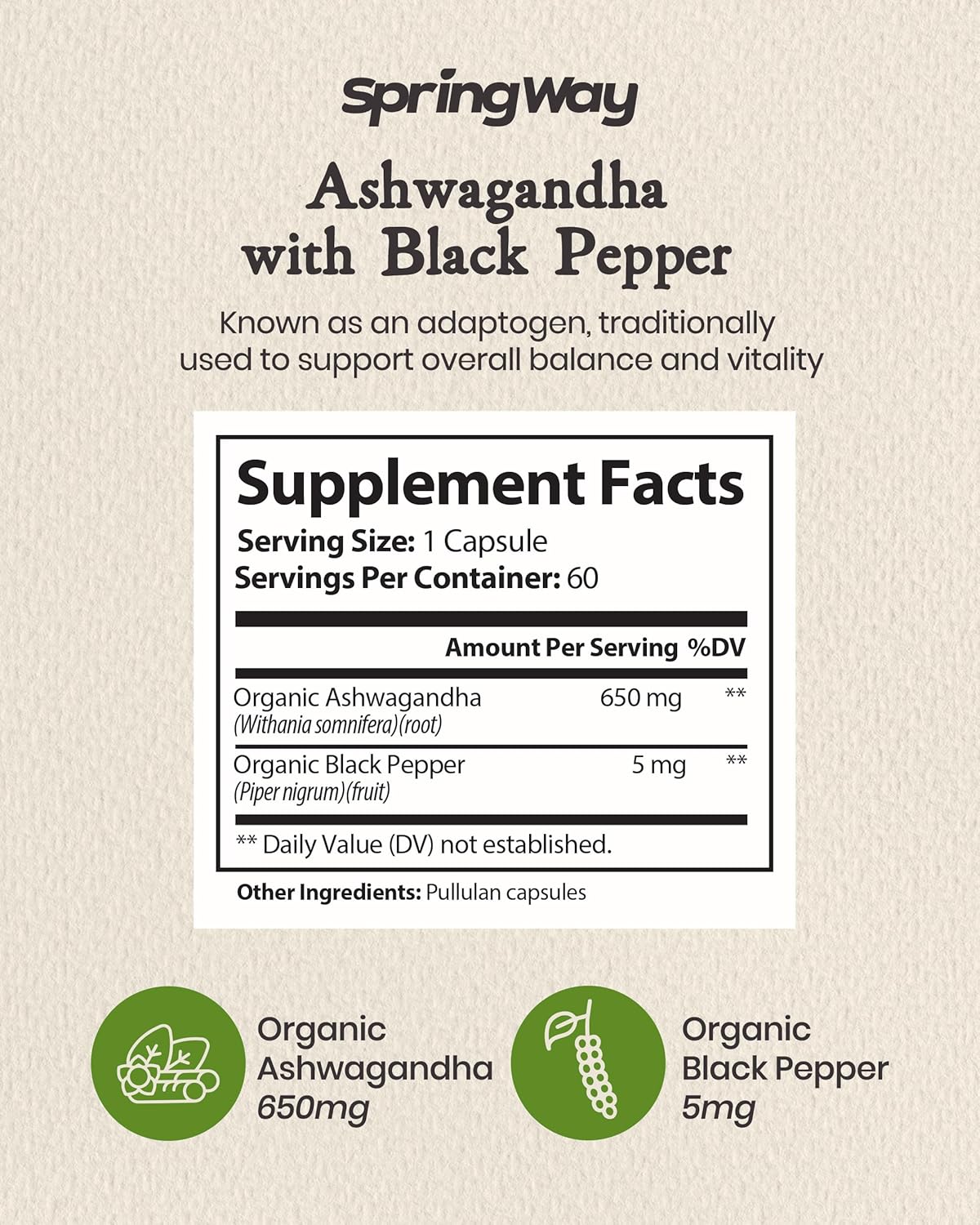 Organic Spring Way Ashwagandha Capsules with Black Pepper - 60 ct | Supports Relaxation, Energy, Immune Health | Non-GMO, Vegan, Gluten-Free