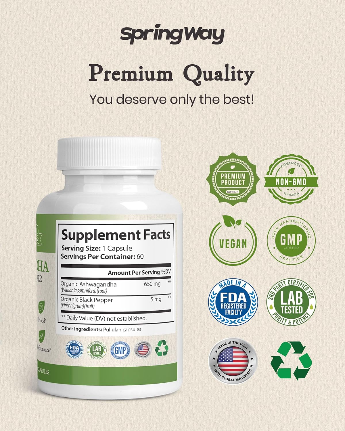 Organic Spring Way Ashwagandha Capsules with Black Pepper - 60 ct | Supports Relaxation, Energy, Immune Health | Non-GMO, Vegan, Gluten-Free
