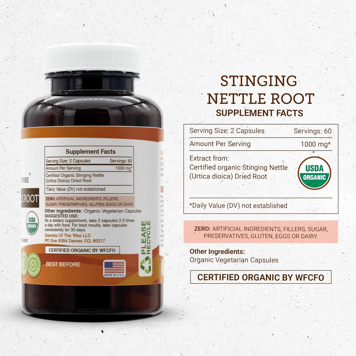 Organic Stinging Nettle Root Capsules by Secrets of the Tribe - 120 Count - USDA Certified - Vegetarian Capsules - Urtica Dioica Root