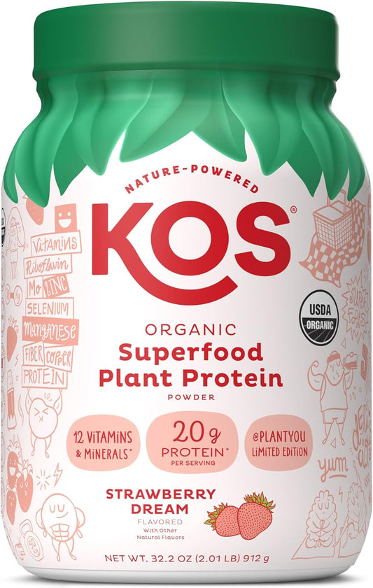 Organic Strawberry Dream Plant Protein Powder - Vegan Superfood Rich in Vitamins & Minerals for Men & Women - Dairy, Soy, Gluten Free - 24 Servings