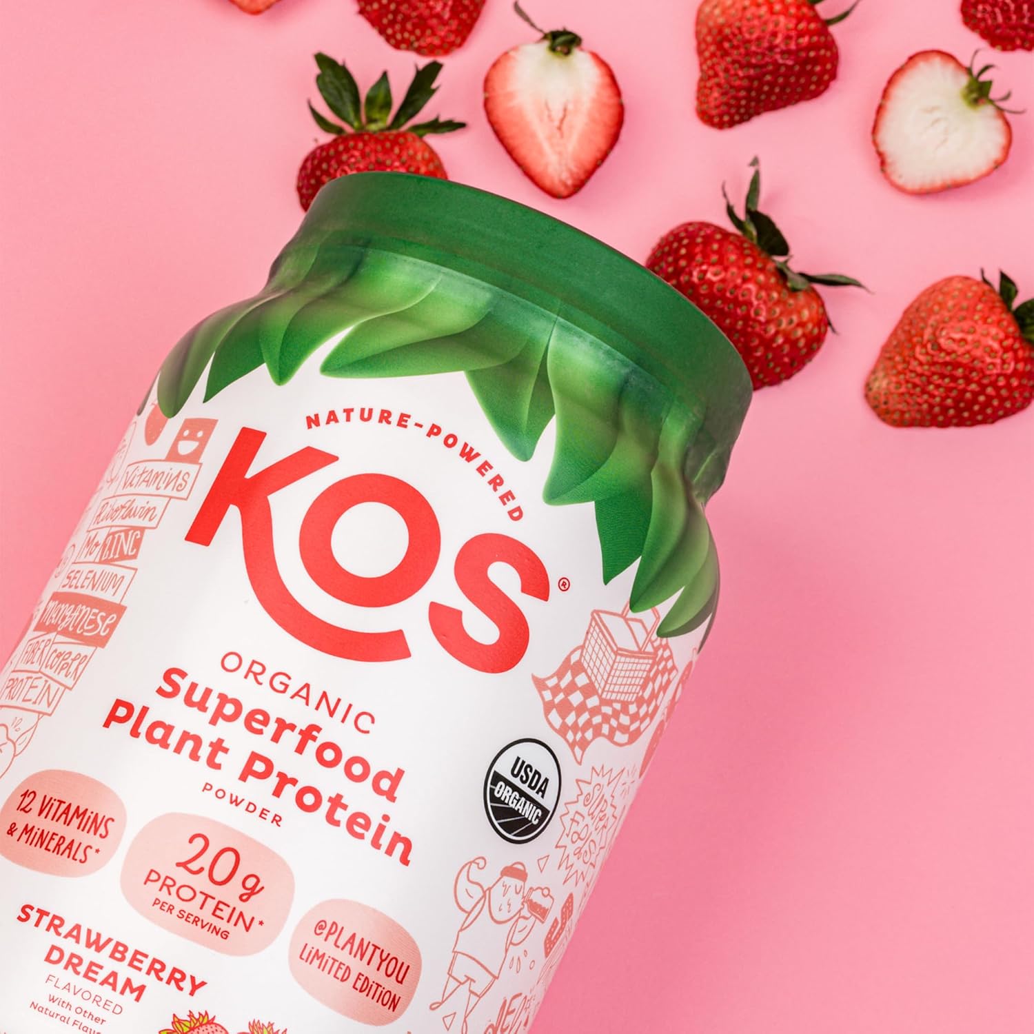 Organic Strawberry Dream Plant Protein Powder - Vegan Superfood Rich in Vitamins & Minerals for Men & Women - Dairy, Soy, Gluten Free - 24 Servings