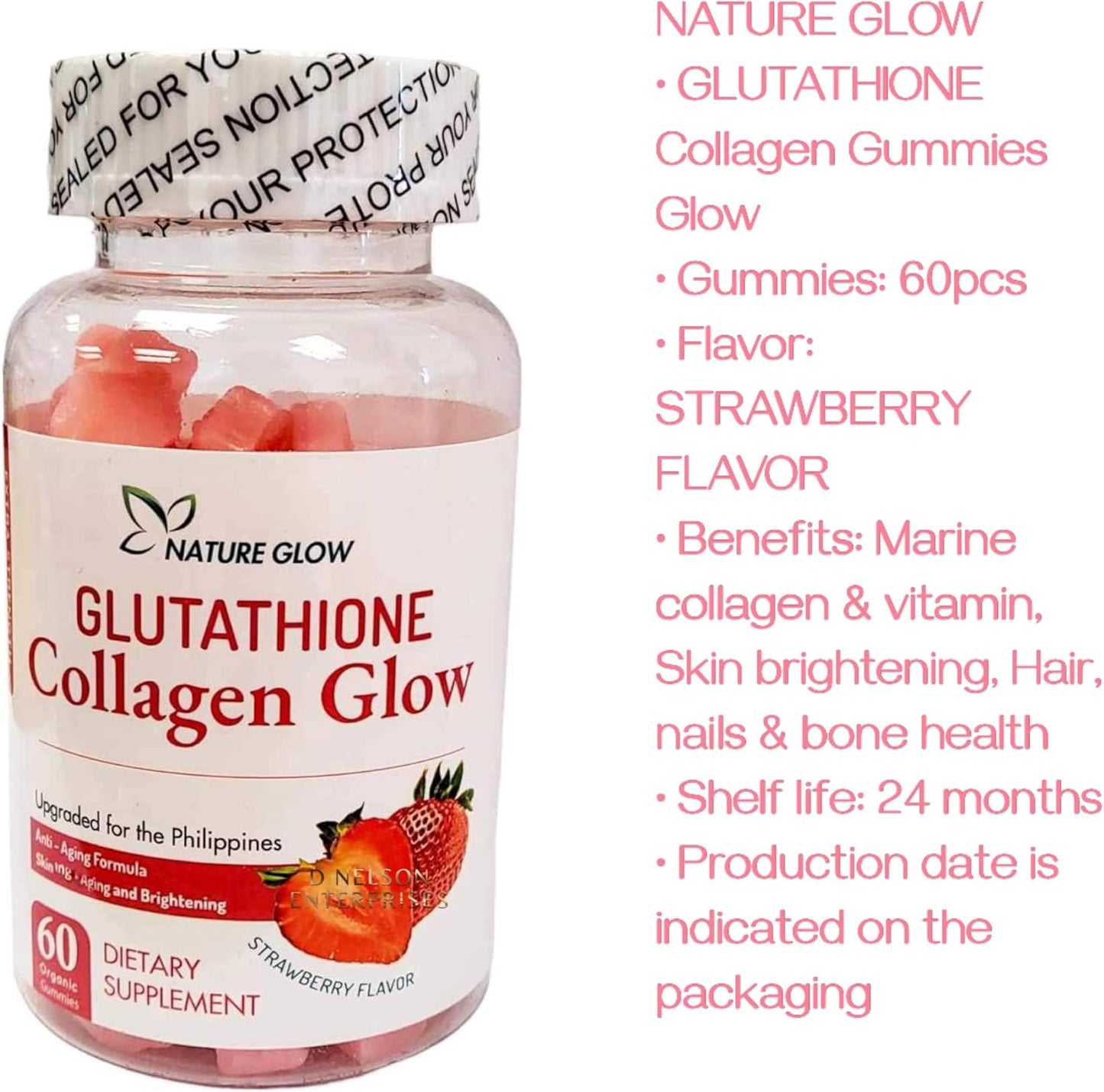 Organic Strawberry Flavor Glow Gummies with Glutathione & Collagen for Radiant Skin, 60 Chewables