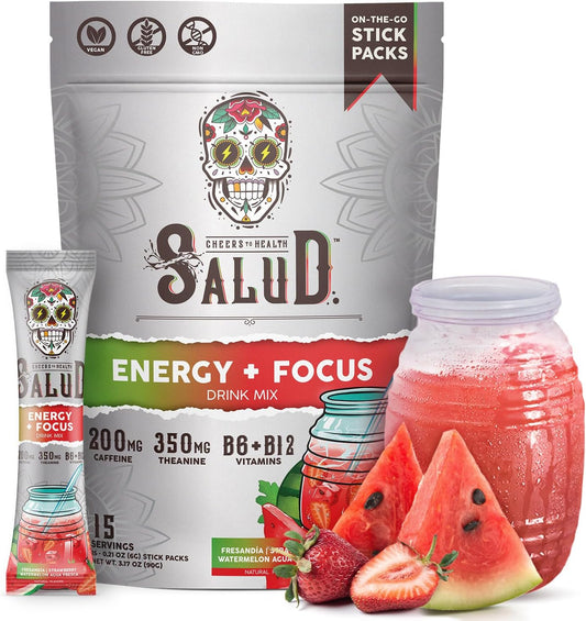 Organic Strawberry Watermelon Energy Drink Powder with Focus and Clean Ingredients - 15 Servings of Salud Salud 2-in-1 Mix