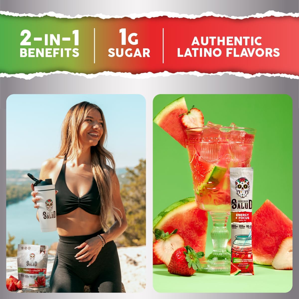 Organic Strawberry Watermelon Energy Drink Powder with Focus and Clean Ingredients - 15 Servings of Salud Salud 2-in-1 Mix
