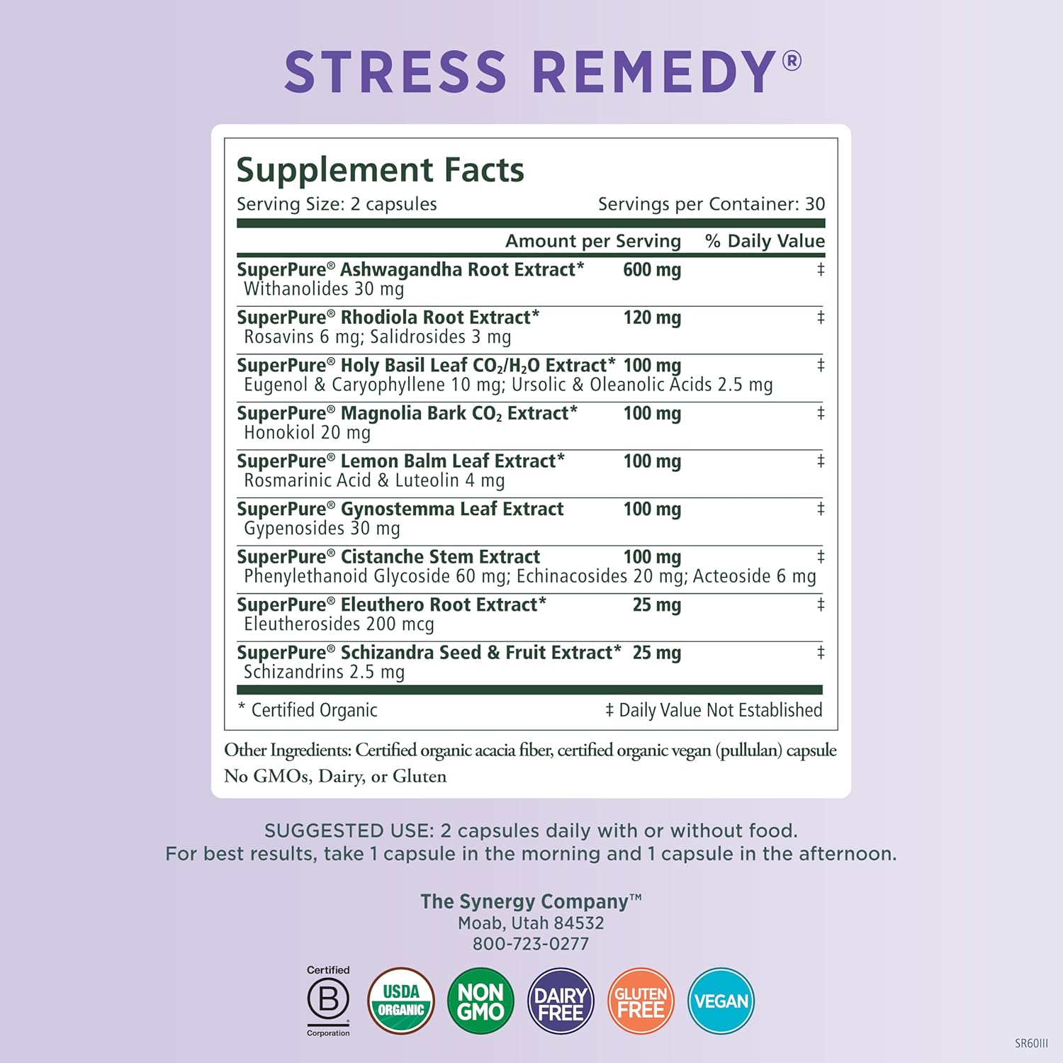 Organic Stress Relief Supplement with Ashwagandha, Rhodiola, Lemon Balm, and Holy Basil - Supports Adrenal Health, Mood, and Stress - 60 Capsules