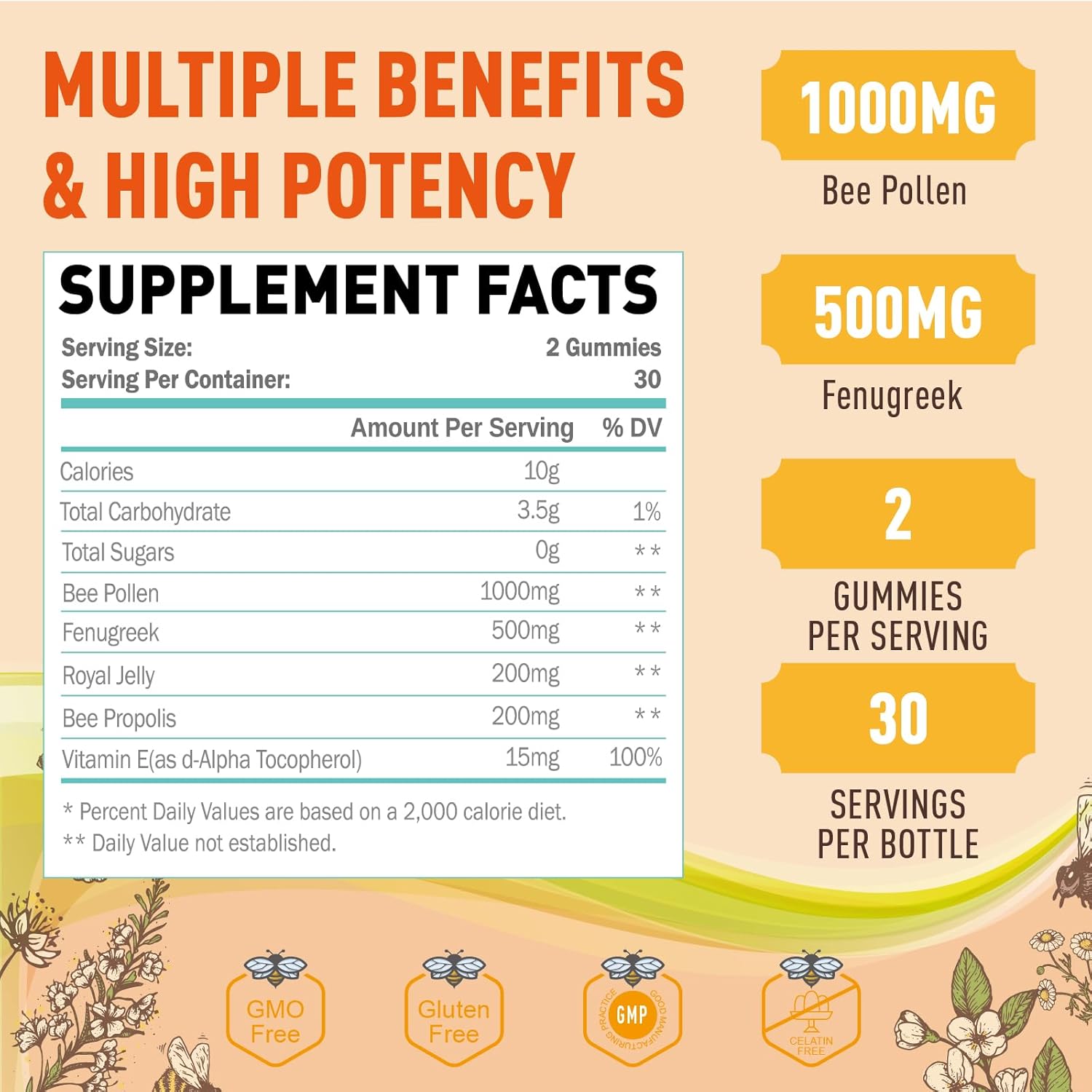 Organic Sugar-Free Bee Pollen Gummies 1000mg for Women - Breast Growth Support with Fenugreek, Royal Jelly, Propolis - Rich in Vitamin E for Immunity & Skin Care